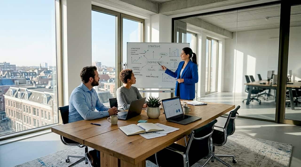 Het team van ondernemers bespreekt samen de plannen tijdens een overleg op kantoor.