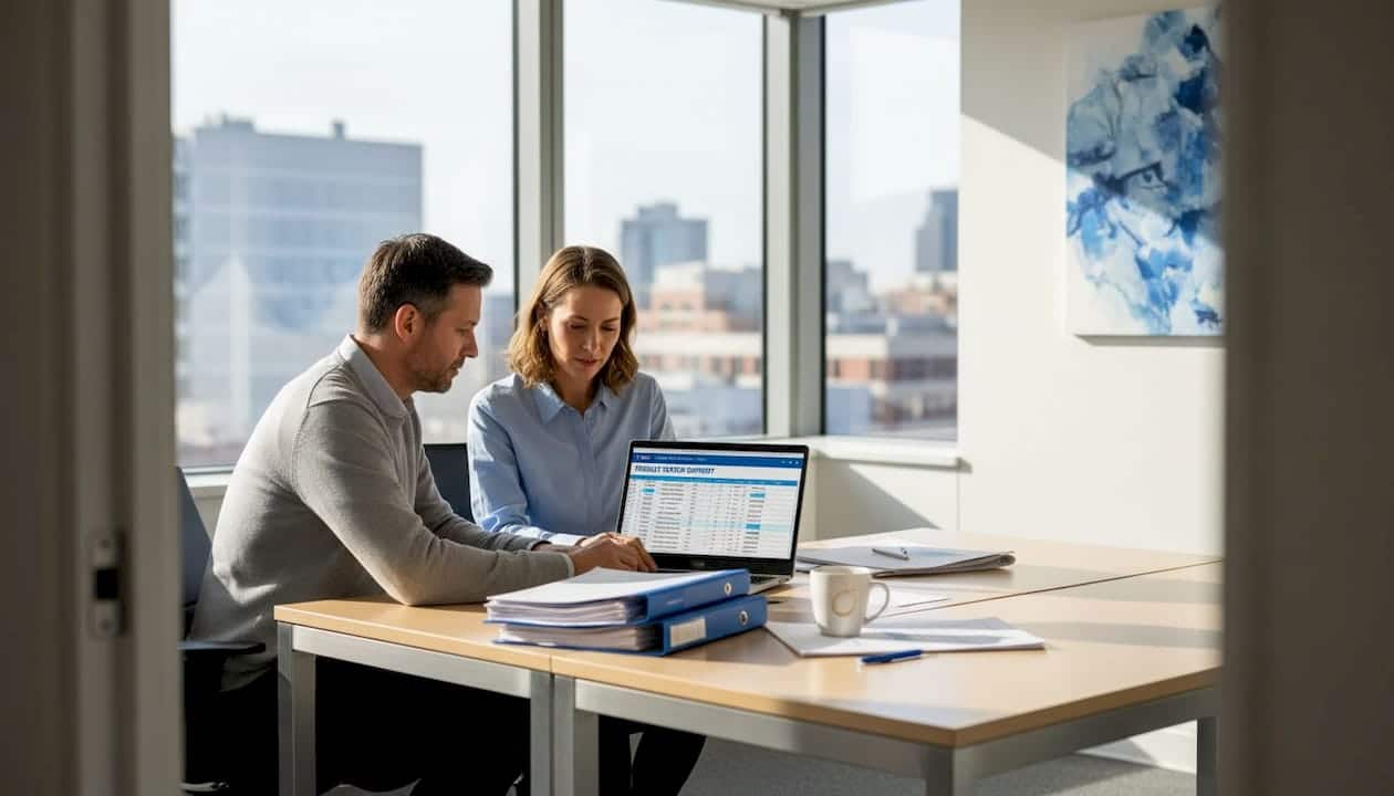 Op kantoor overleggen collega's over het uitbesteden van werkzaamheden.