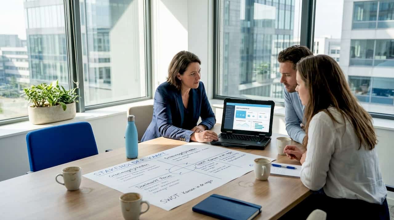 De manager en het team gaan samen om de tafel om te brainstormen over innovatie.