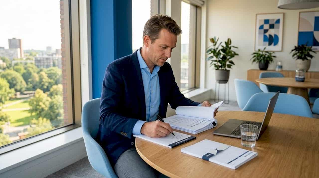In de bestuurskamer neemt de manager de governance-documenten zorgvuldig door.
