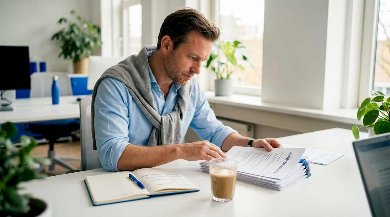Een ondernemer buigt zich over subsidiepapieren aan zijn bureau.