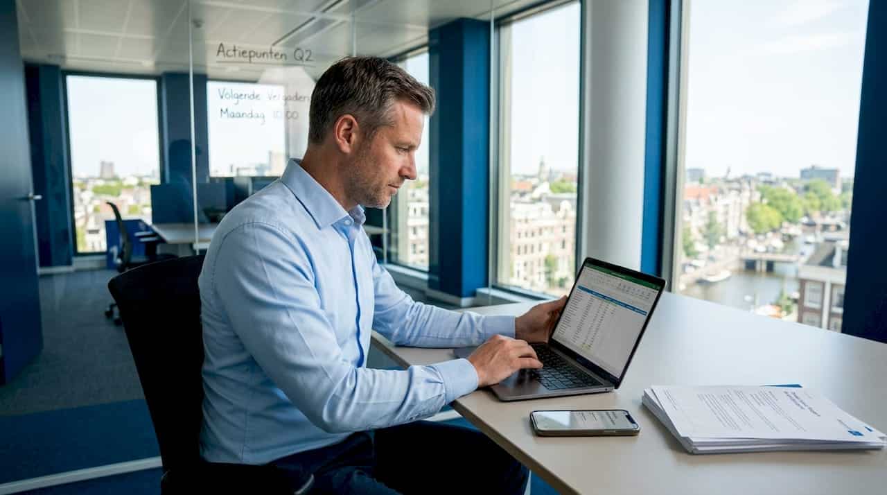 Een manager die ’s ochtends op kantoor de genomen beslissingen nog eens kritisch doorloopt.