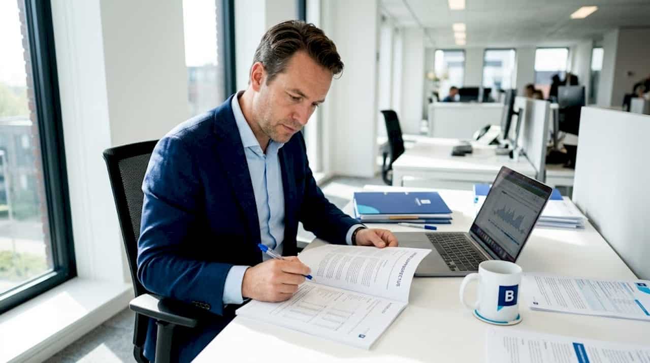 Ondernemer verdiept zich op kantoor in documenten voor de beursgang