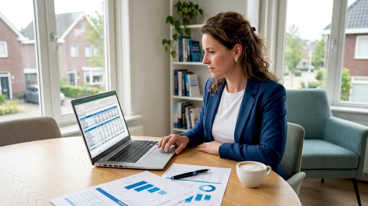 Een ondernemer bekijkt thuis de cijfers van zijn bedrijf.