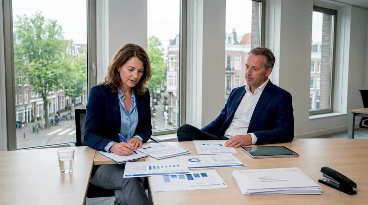 Twee toezichthouders zitten samen op kantoor om de rapporten door te nemen.