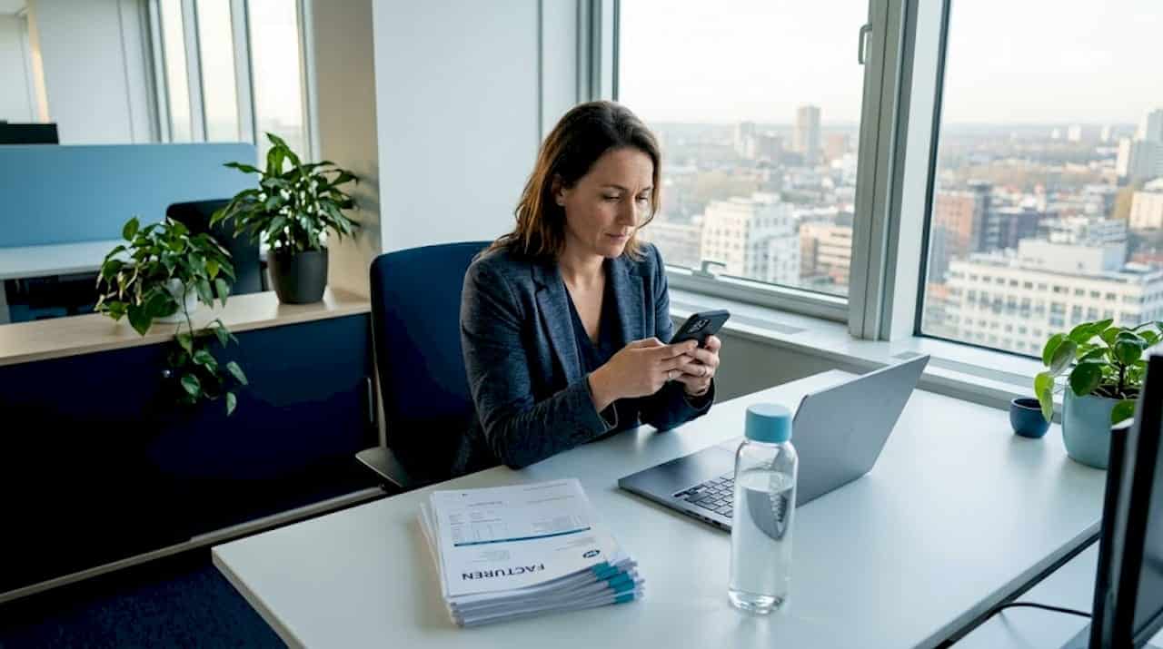 Een ondernemer test een fintech-app op zijn smartphone terwijl hij werkt in een hip, modern kantoor.
