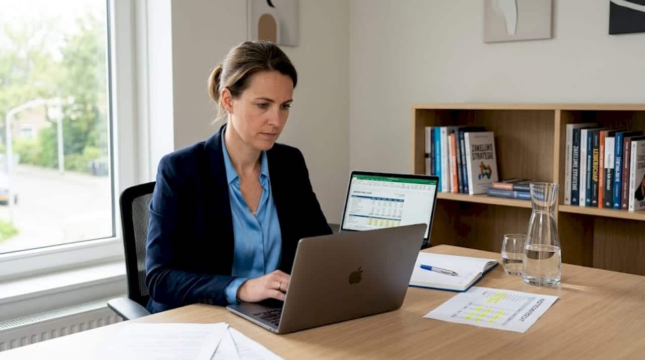 Een ondernemer zit op kantoor geconcentreerd te werken aan zijn financiële planning.