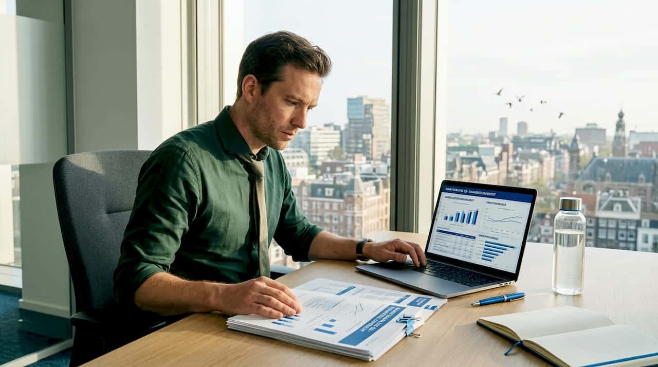 Een bankanalist buigt zich over de financiële rapportages aan zijn bureau.