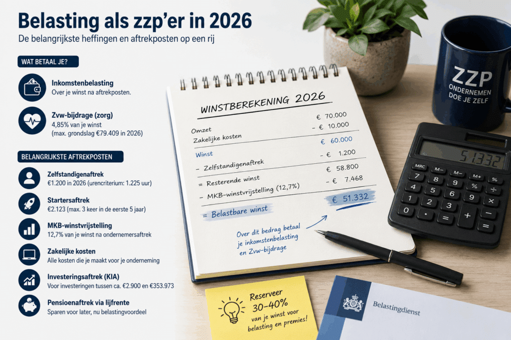 Zzp’er bekijkt belastingpapieren en winstberekening voor 2026 aan bureau met laptop, calculator en administratie.