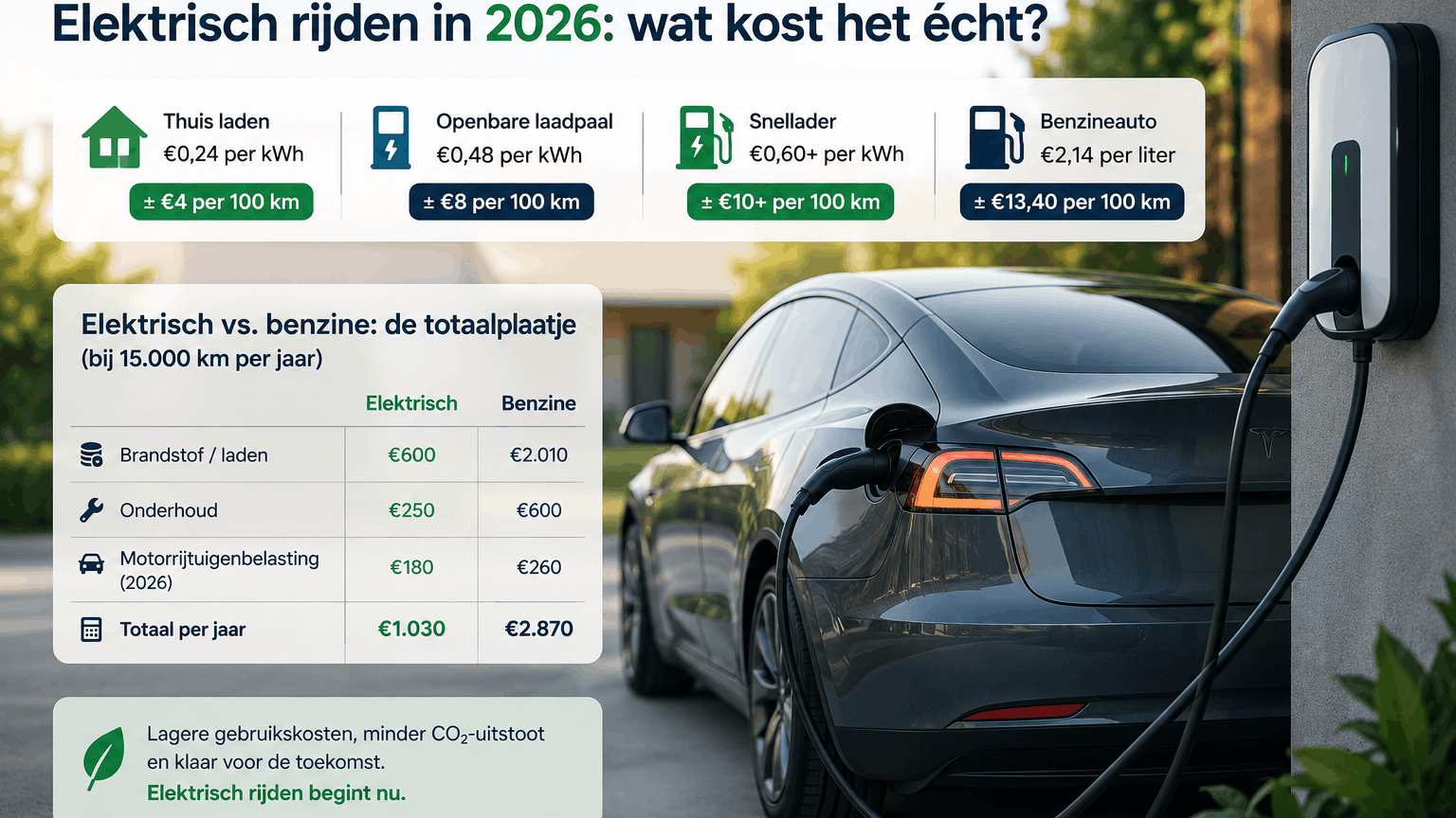 Elektrische auto aan de laadpaal in 2026 met overzicht van laadkosten en vergelijking tussen elektrisch rijden en benzine.