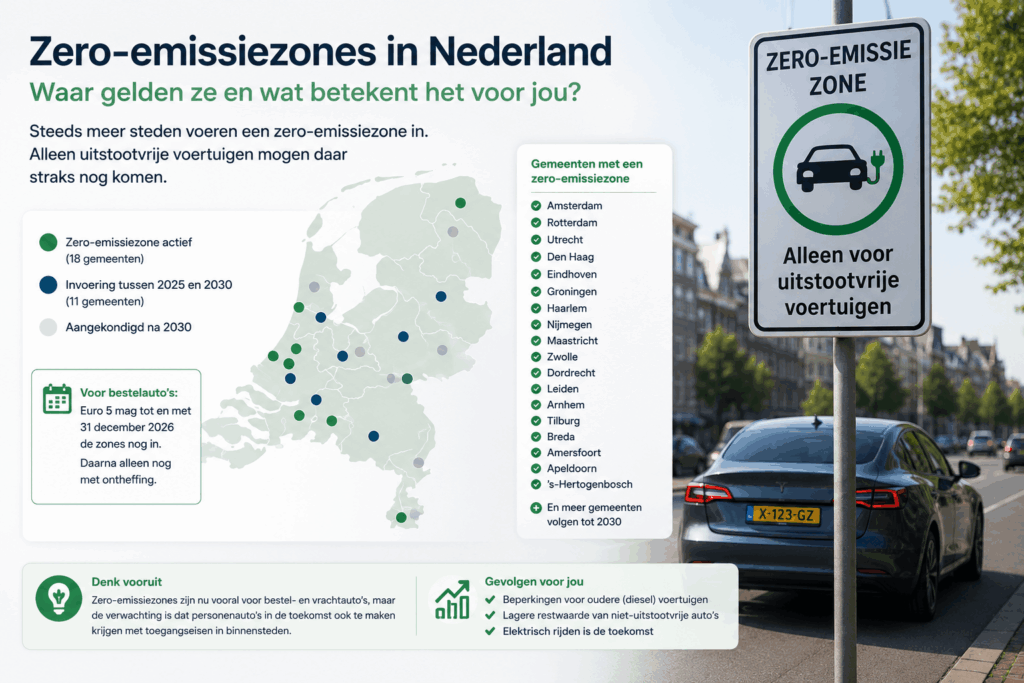 Infographic over zero-emissiezones in Nederland met kaart van gemeenten waar uitstootvrije voertuigen verplicht worden en een elektrische auto in de stad.