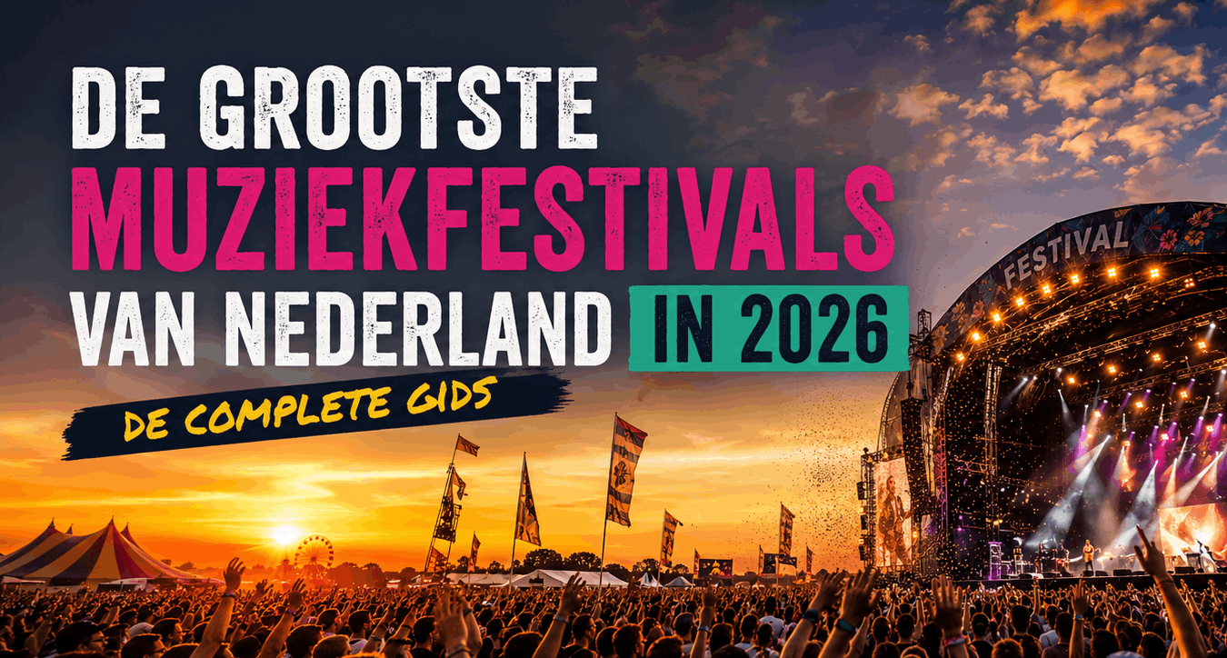 Bezoekers genieten van een groot muziekfestival in Nederland tijdens zonsondergang, met een verlicht hoofdpodium, duizenden festivalgangers en de tekst ‘De grootste muziekfestivals van Nederland in 2026’.