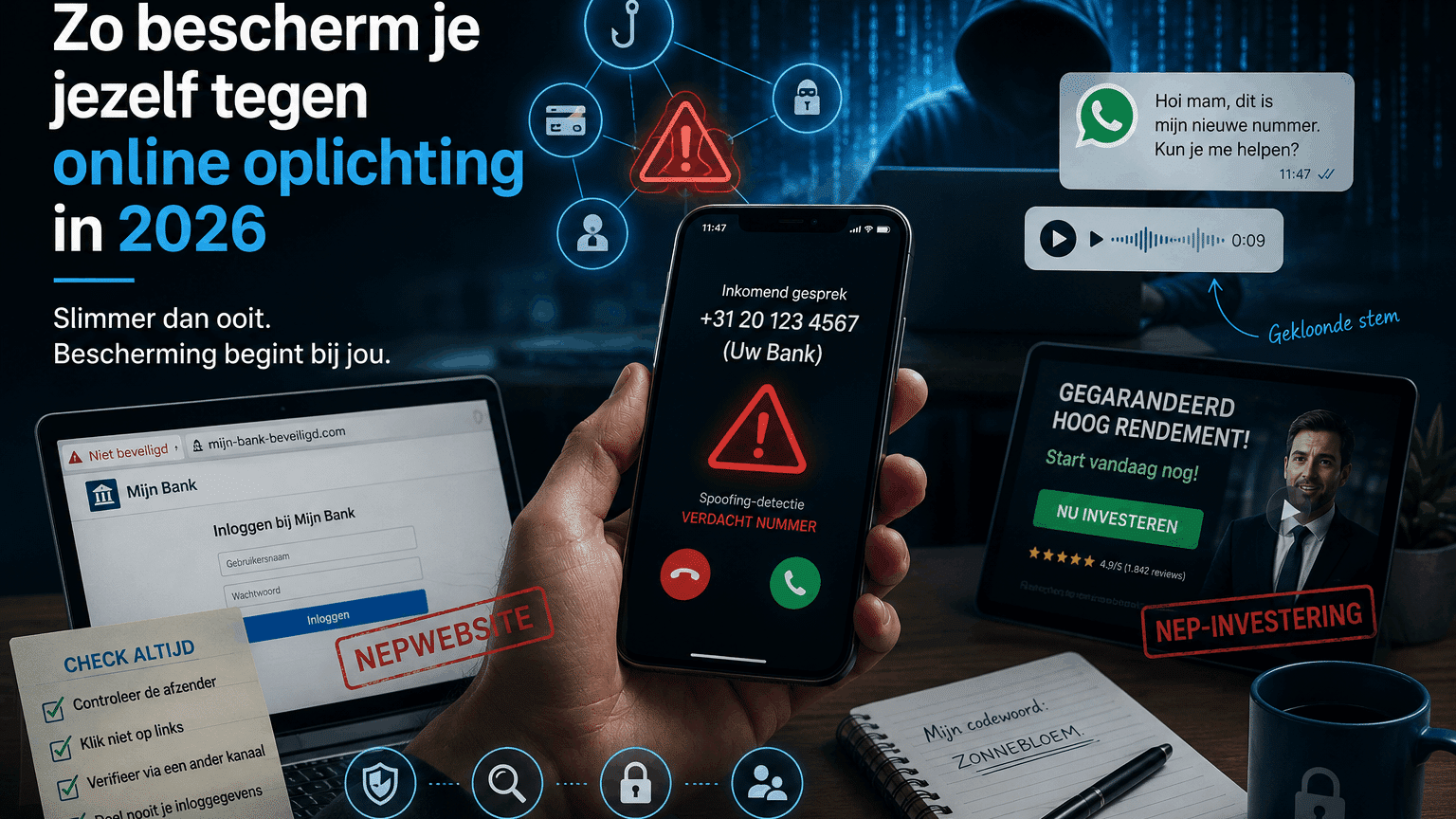 Illustratie van online oplichting in 2026 met phishing, WhatsApp-fraude, bankspoofing en deepfake-oplichting op smartphones en laptops.