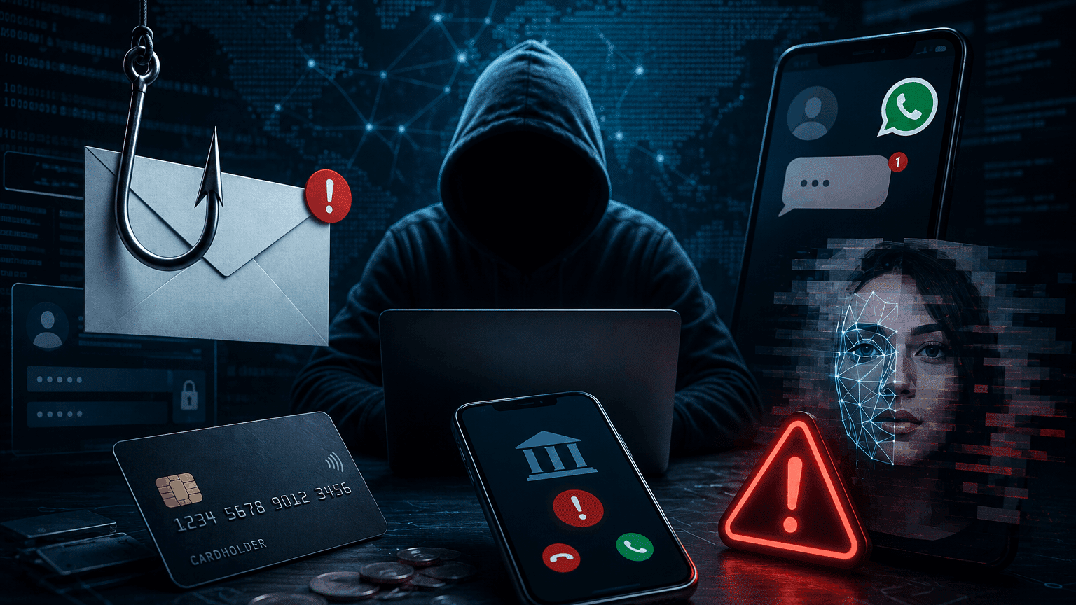 Cybersecurity-illustratie met een hacker, phishingmail, bankfraude, WhatsApp-oplichting en deepfake-technologie die moderne online fraude uitbeelden.