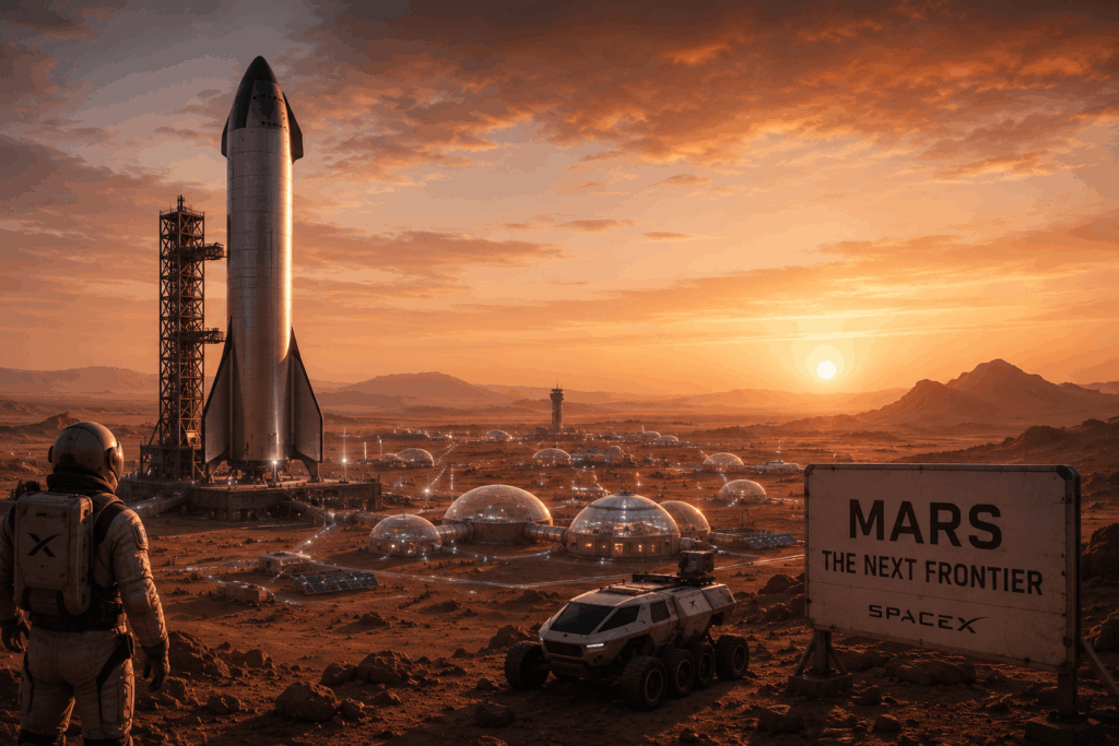 Futuristische SpaceX-kolonie op Mars met Starship-raket, astronaut en nederzetting bij zonsondergang.