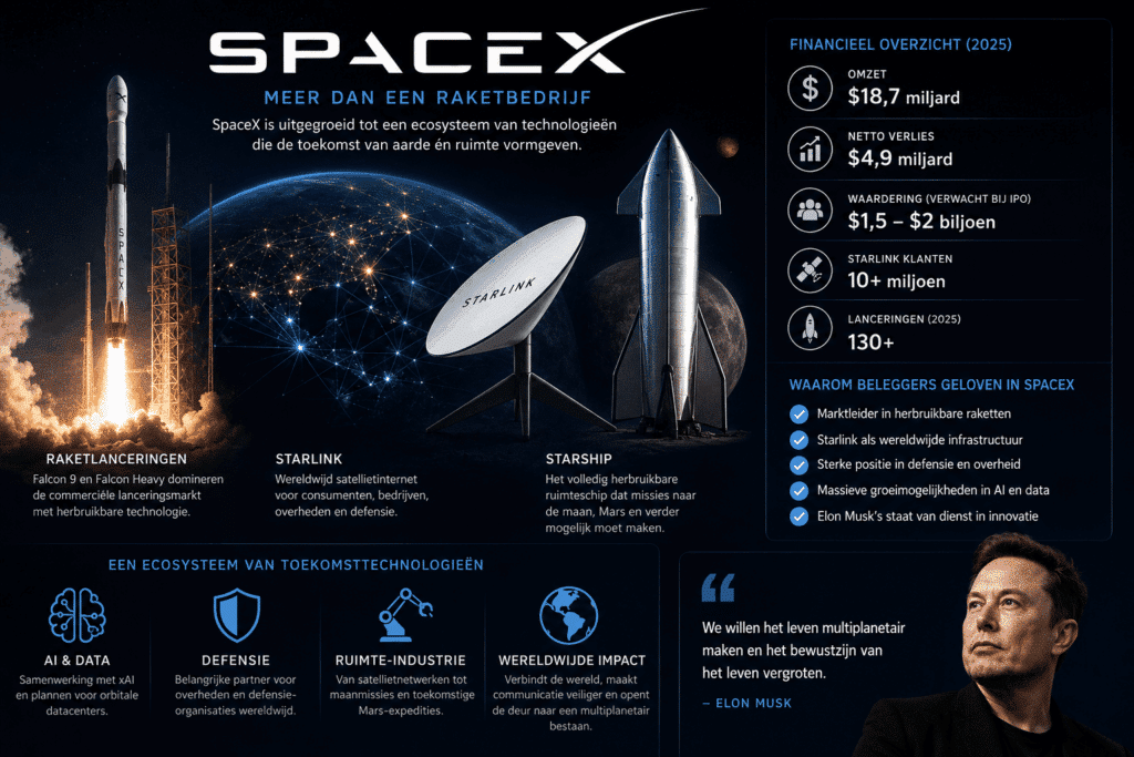 SpaceX ontwikkelt zich steeds meer tot een combinatie van ruimtevaart-, telecom-, defensie- en AI-bedrijf. Volgens analisten draait de toekomstige waarde van SpaceX inmiddels om veel meer dan alleen raketlanceringen.