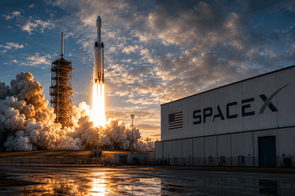 SpaceX-raket stijgt op vanaf lanceerplatform tijdens spectaculaire lancering bij zonsondergang.
