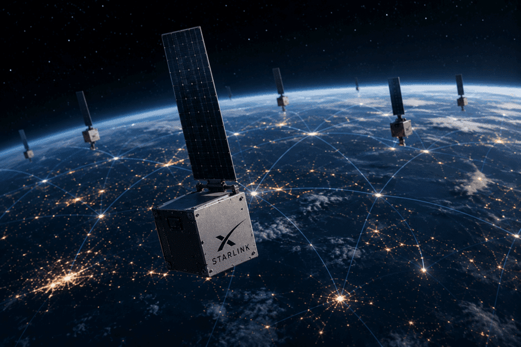 Starlink-satellieten draaien rond de aarde en vormen een wereldwijd netwerk voor internetcommunicatie vanuit de ruimte.