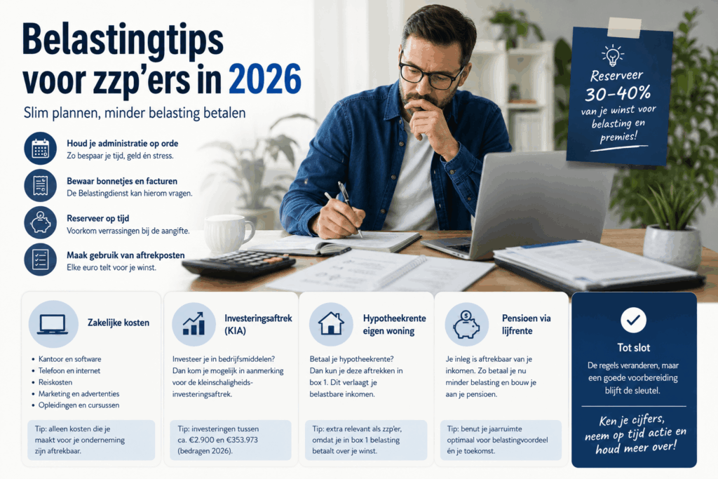 Infographic met praktische belastingtips voor zzp’ers in 2026 over administratie, aftrekposten, reserveren en belastingvoordeel.