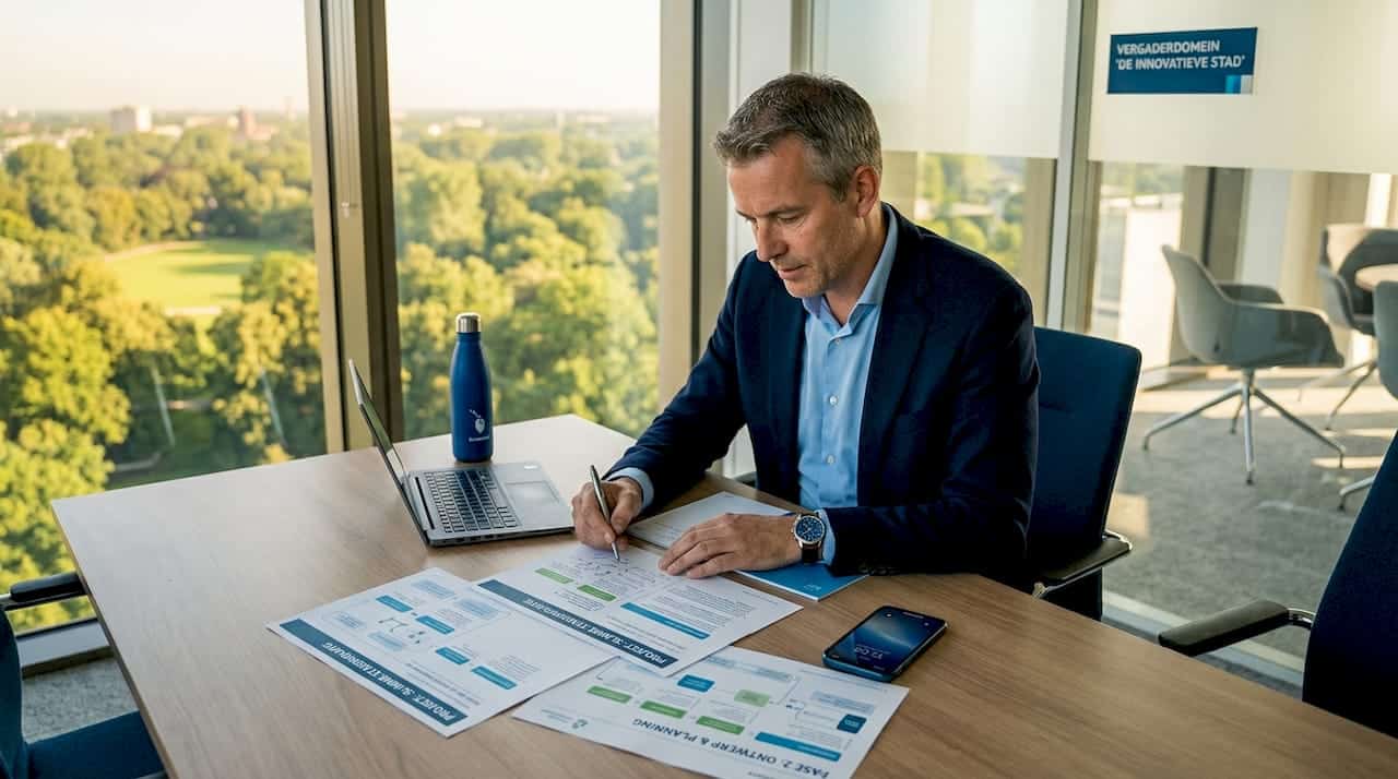 Een manager die de plannen voor een innovatief project onder de loep neemt.