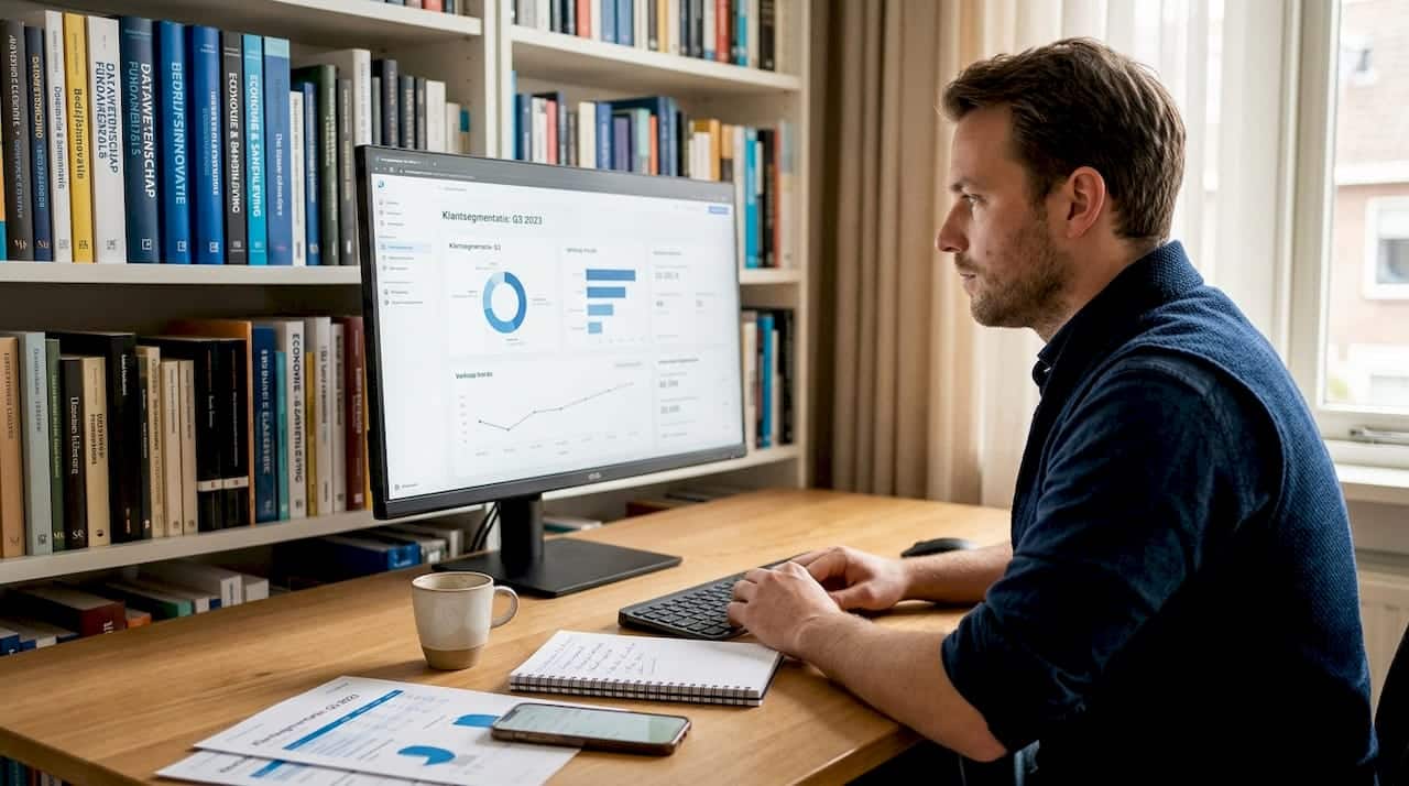 Een data-analist verdiept zich in marketingcijfers aan zijn bureau.