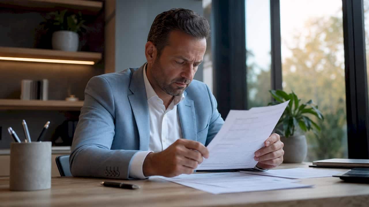 Een financieel adviseur neemt thuis de stukken voor de erfbelasting door.