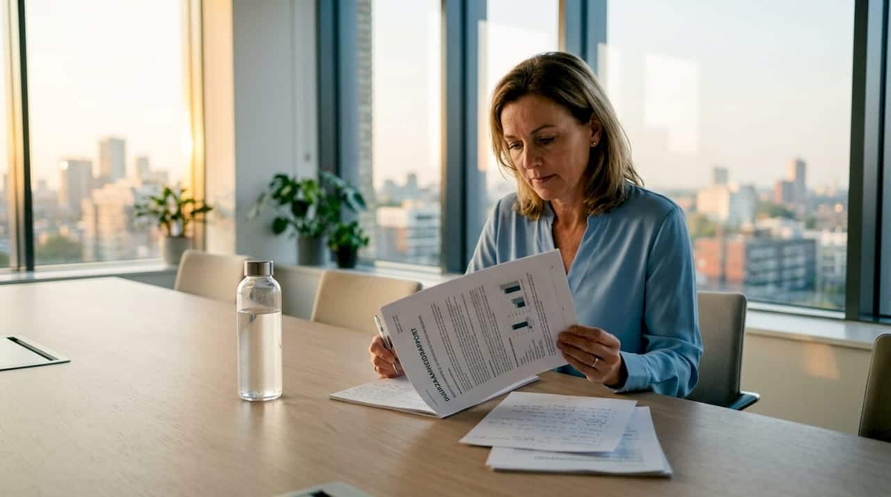 Een zakenvrouw verdiept zich in een rapport over duurzaamheid.