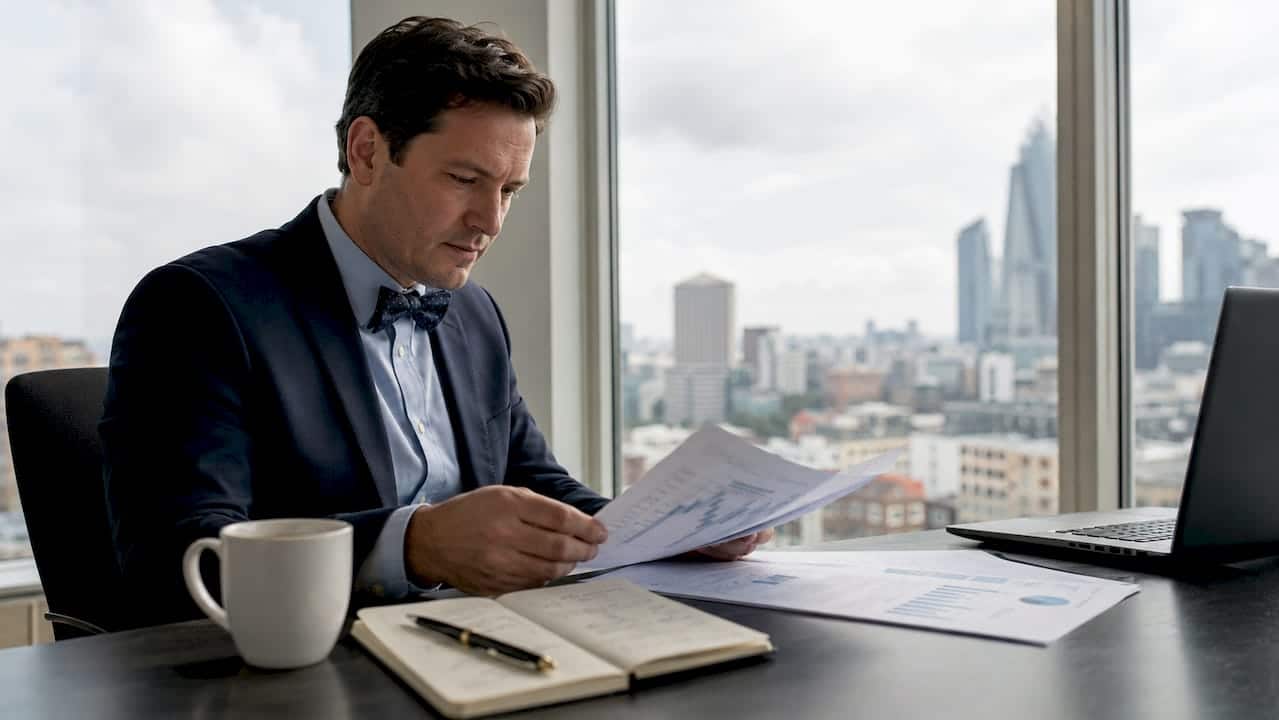 Een econoom verdiept zich aan zijn bureau in de nieuwste economische rapporten.