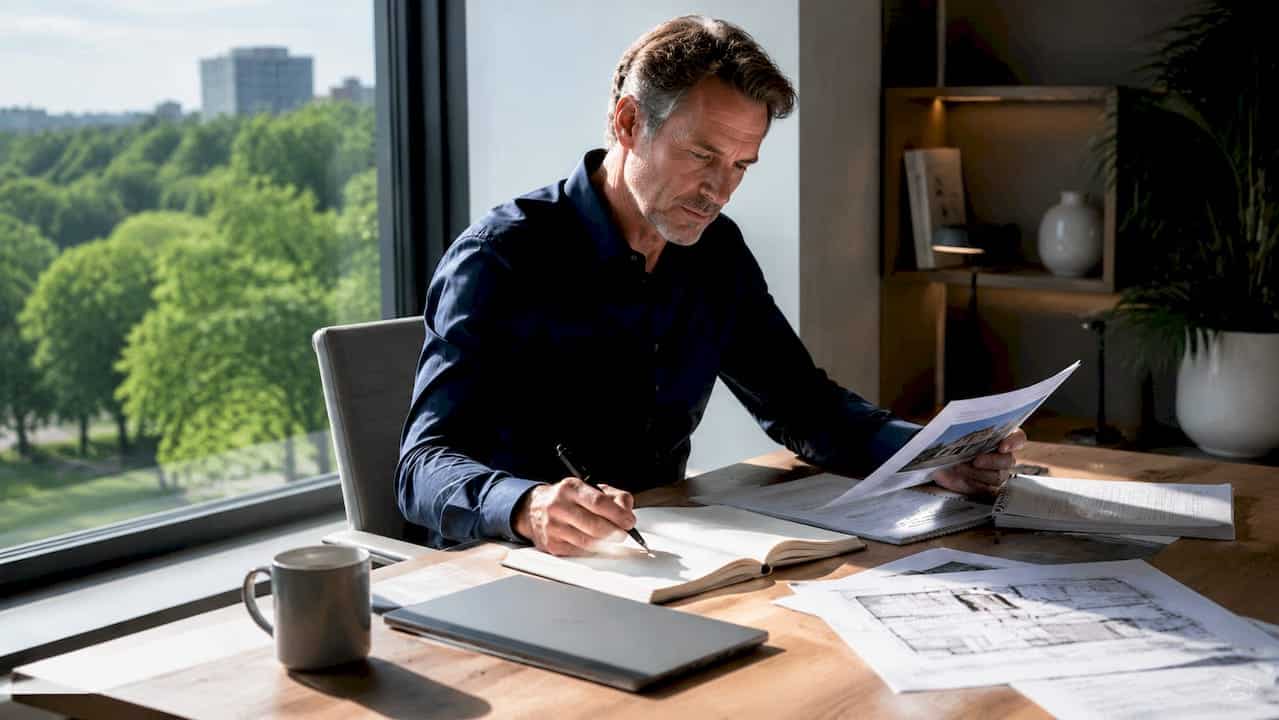 Vastgoedinvesteerder bekijkt zijn vastgoedportefeuille vanuit het thuiskantoor