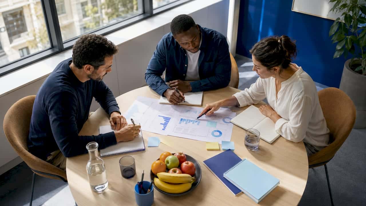 Het team bespreekt samen de strategie voor de bedrijfsdocumenten.