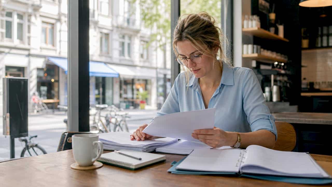Een beleidsadviseur werkt thuis aan het bureau, omringd door papieren en dossiers.