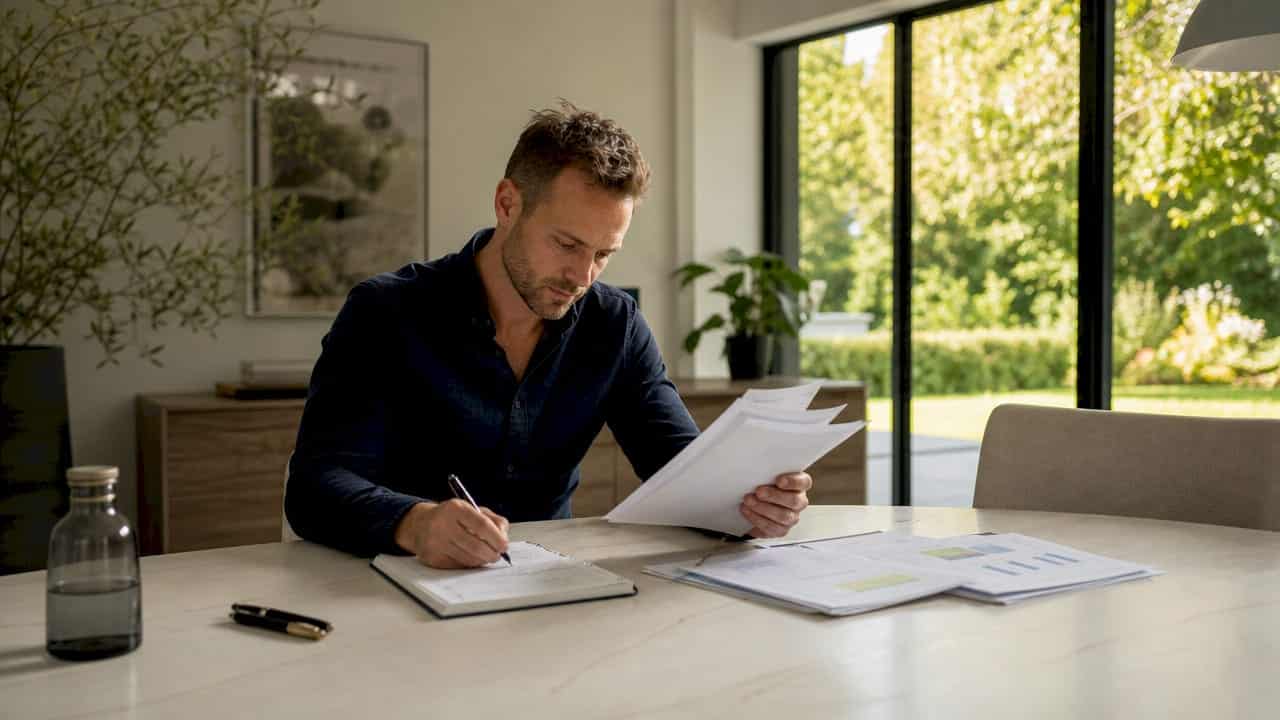 Een ondernemer verdiept zich aan zijn bureau in documenten over duurzame financiering.