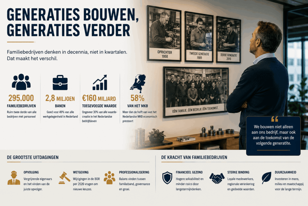 Drie generaties van een Nederlands familiebedrijf werken samen in een moderne fabriekshal, terwijl statistieken de economische impact van familiebedrijven in Nederland tonen.