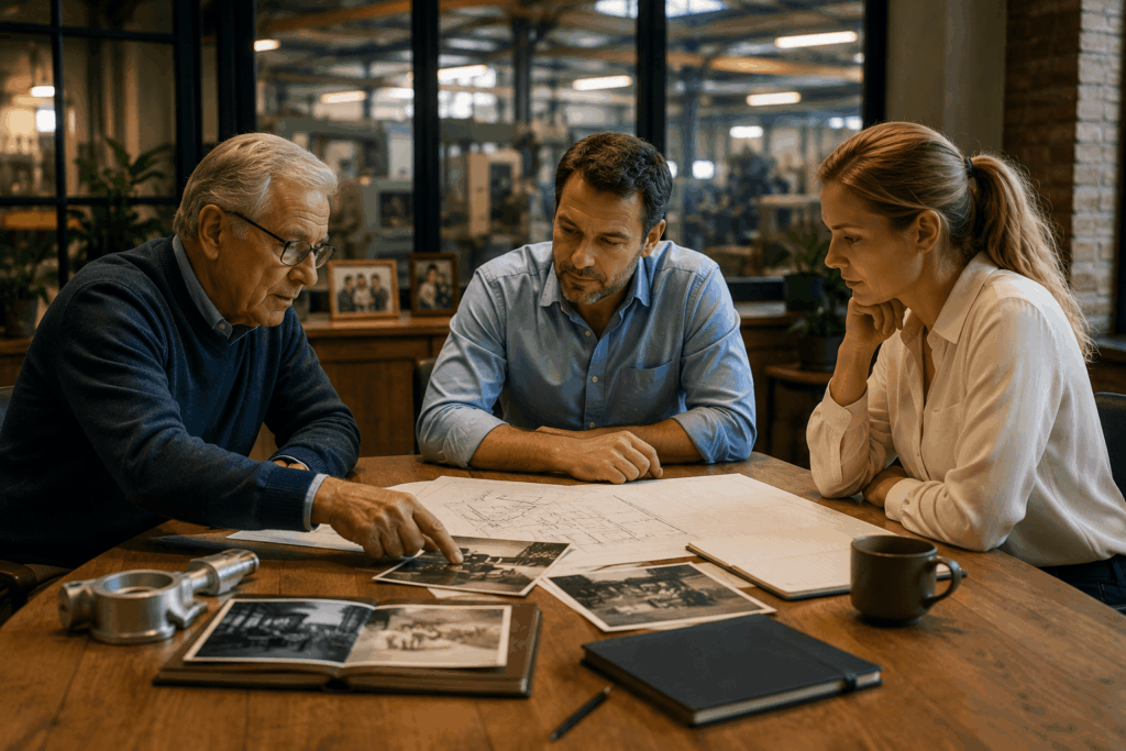 Drie generaties van een familiebedrijf bespreken de toekomst van de onderneming tijdens een overleg op kantoor.