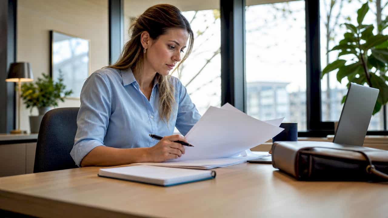 Een vrouw die zich verdiept in compliance-documenten.