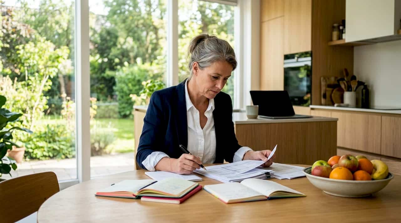 Een ondernemer loopt thuis op zijn gemak de financiële papieren door.