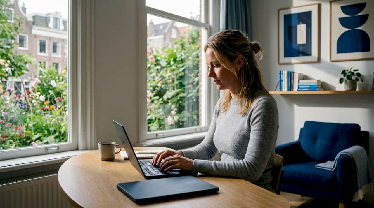 Nederlandse zakenvrouw werkt vanuit huis achter haar bureau