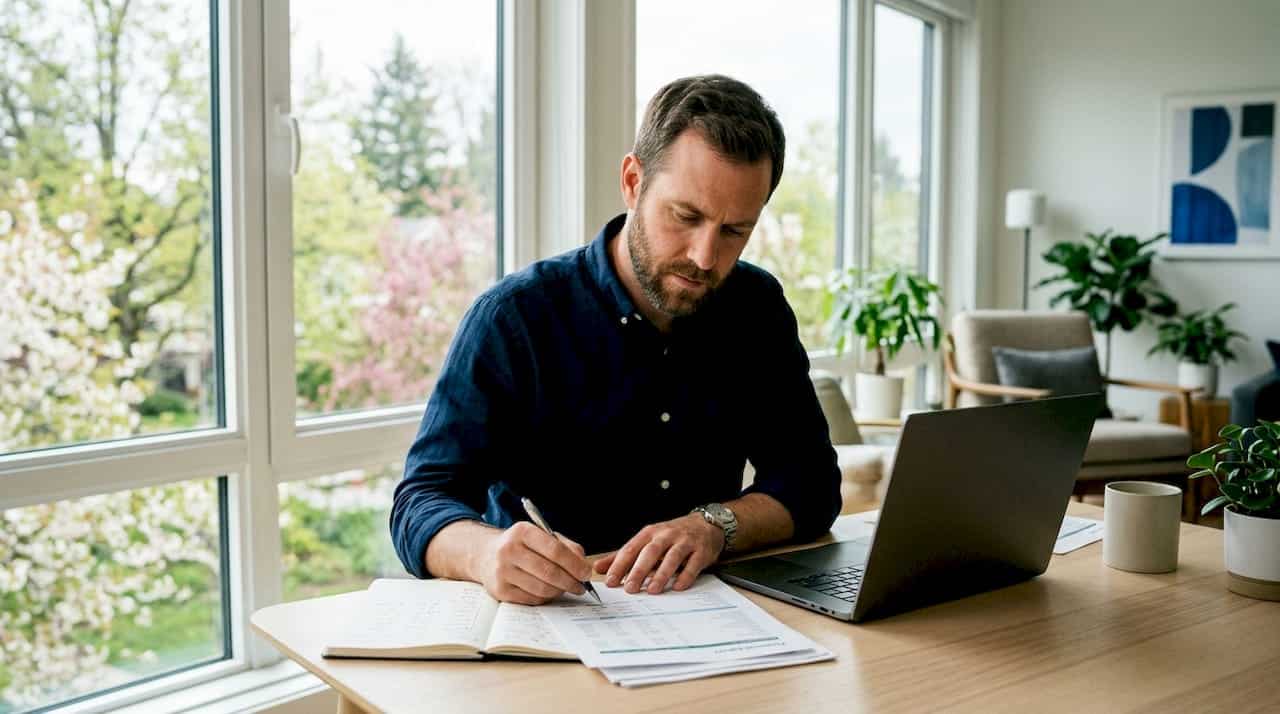 Een ondernemer verdiept zich aan zijn bureau in de administratie en financiële papieren.
