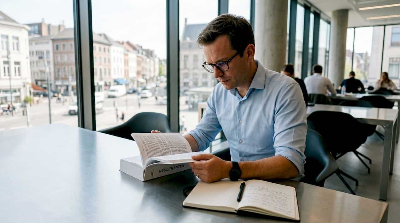 Een man verdiept zich op kantoor in de nieuwste financiële regelgeving.