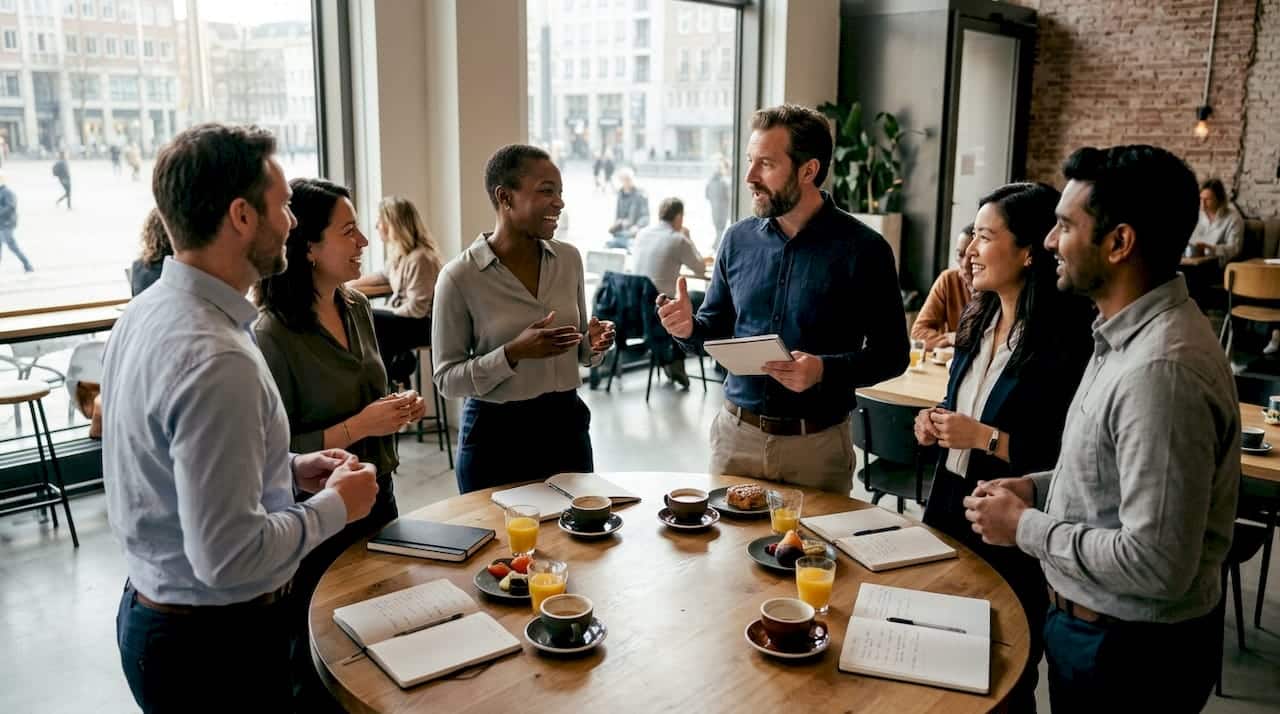 Ondernemers leggen nieuwe contacten tijdens een netwerkborrel in een coworking space.