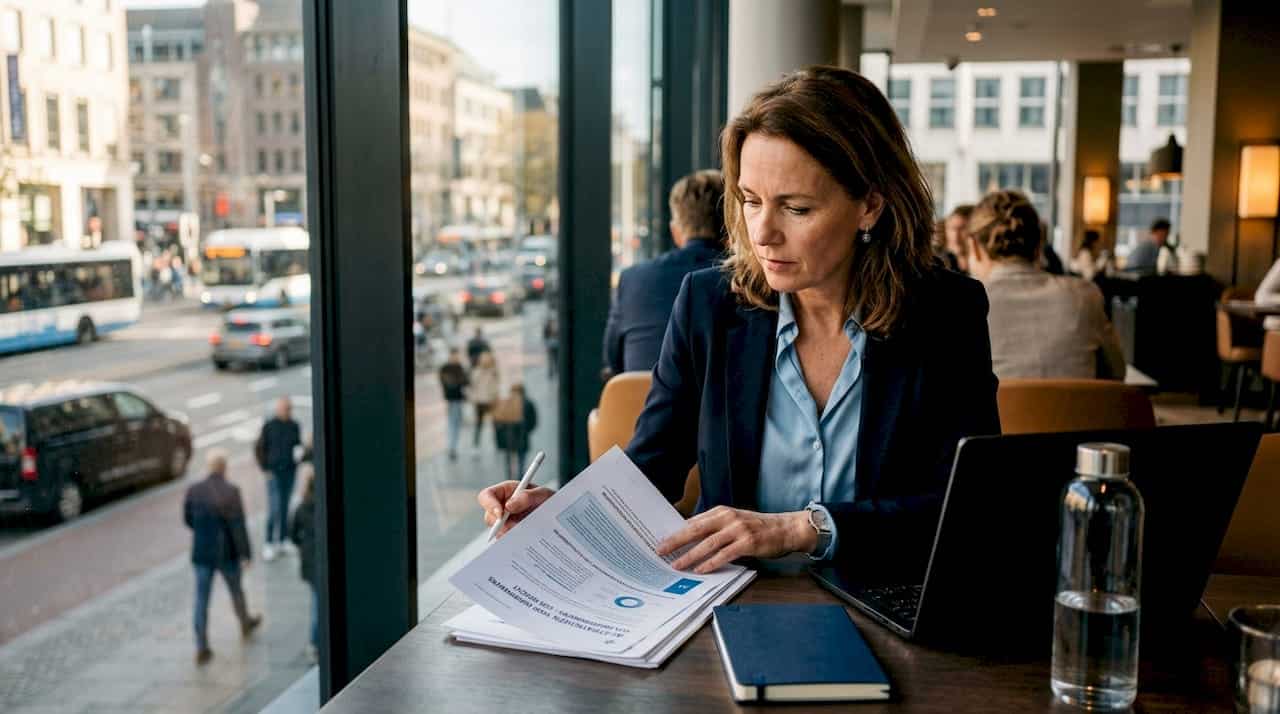 Een zakenvrouw bekijkt in haar kantoor zorgvuldig de documenten met de AI-strategie, terwijl ze de plannen en mogelijkheden voor haar bedrijf overweegt.