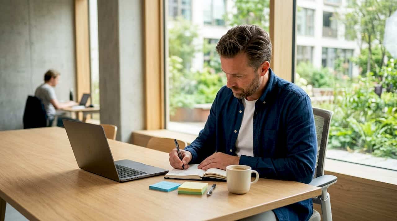 Een ondernemer maakt aantekeningen terwijl hij achter zijn laptop op kantoor aan het werk is.