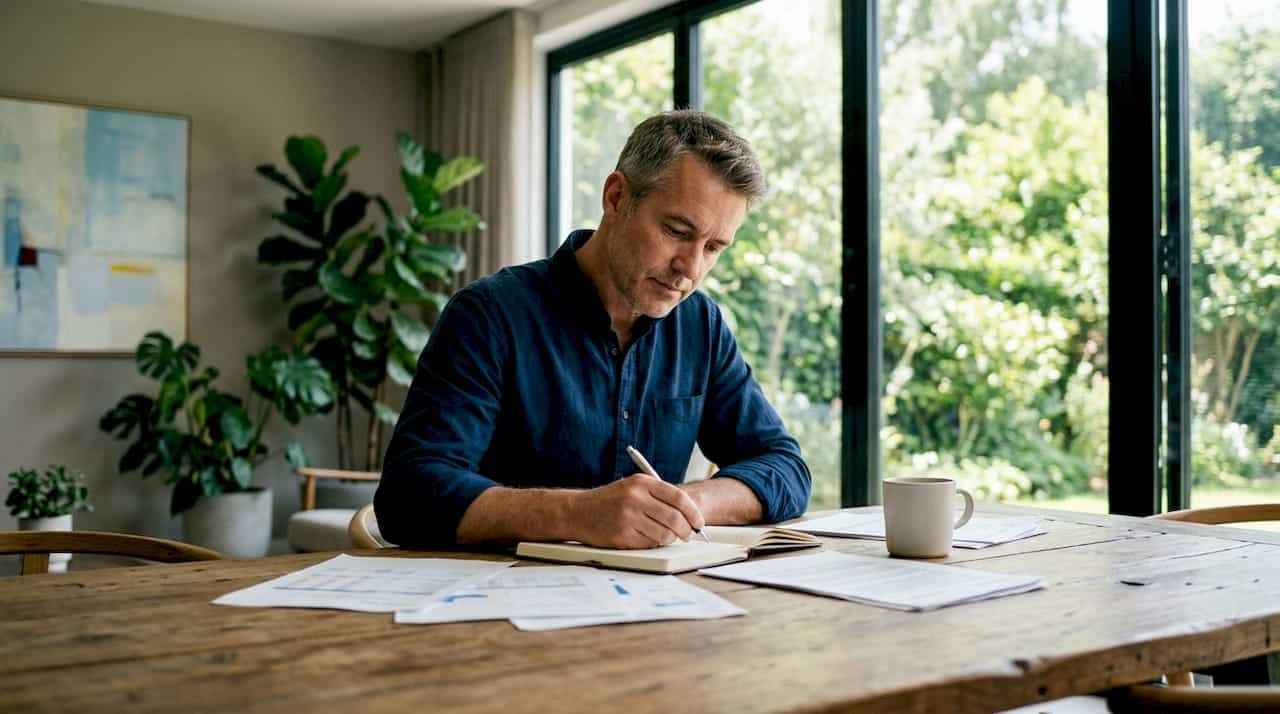 Een ondernemer zit aan zijn bureau en werkt aan een slimme investeringsstrategie.