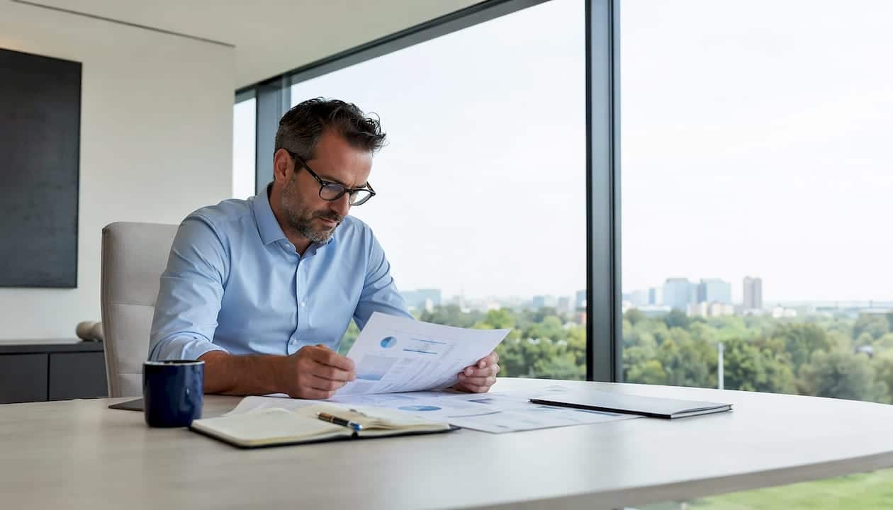 Ondernemer bekijkt financiële cijfers aan zijn bureau
